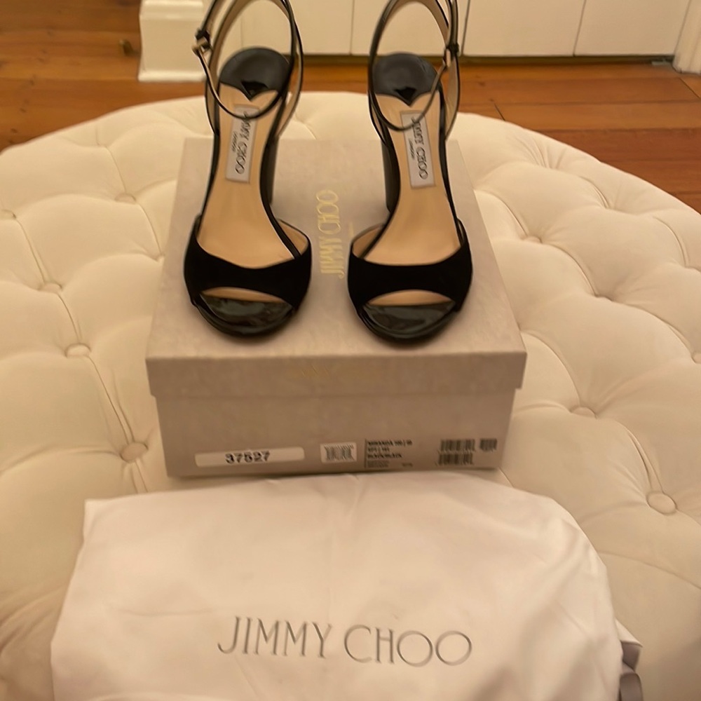 JIMMY CHOO suede and patent ankle strap sandal